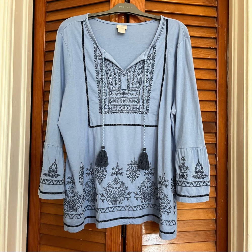 Chico’s Embroidered Tassel Top 3/4 Sleeve Boho Style Tunic